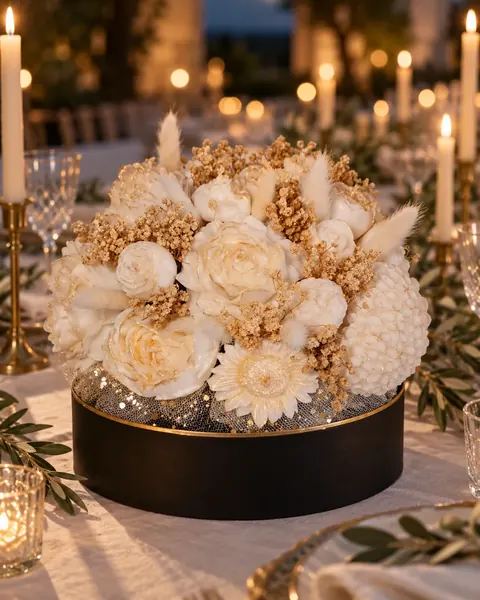 Flores de cera blancas en caja negra y dorada, sobre una mesa con velas