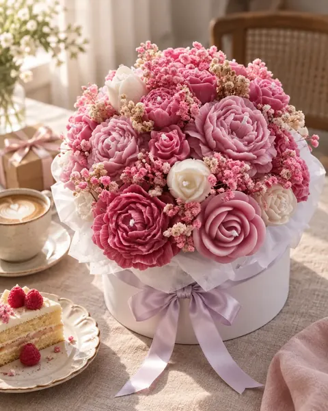 Sombrerera blanca con lazo lila y peonías de cera rosa, junto a una tarta