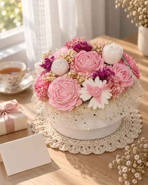 Peonías de cera en tonos rosa sobre tapete de crochet, junto a una tarjeta