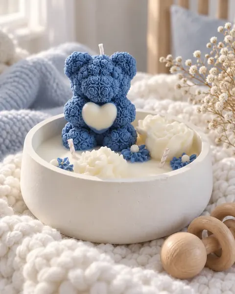 Osito de cera azul y flores blancas en cuenco de yeso hecho a mano