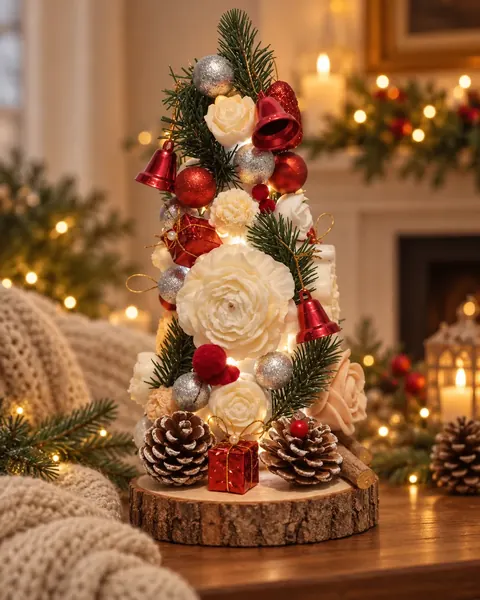 Árbol de flores de cera blancas con bolas rojas y piñas, sobre un tronco