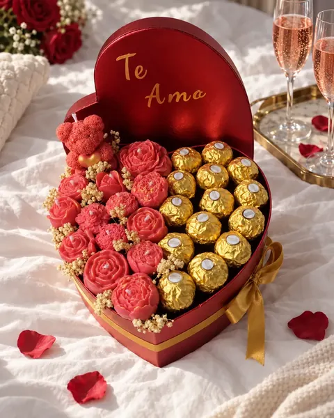 Caja corazón roja con «Te amo» en dorado, rosas de cera, osito y bombones