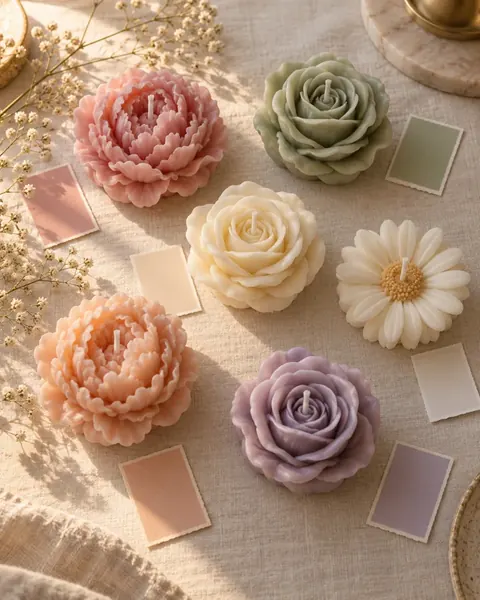 Selección de velas aromáticas con forma de peonía, rosa y margarita junto a muestras de color