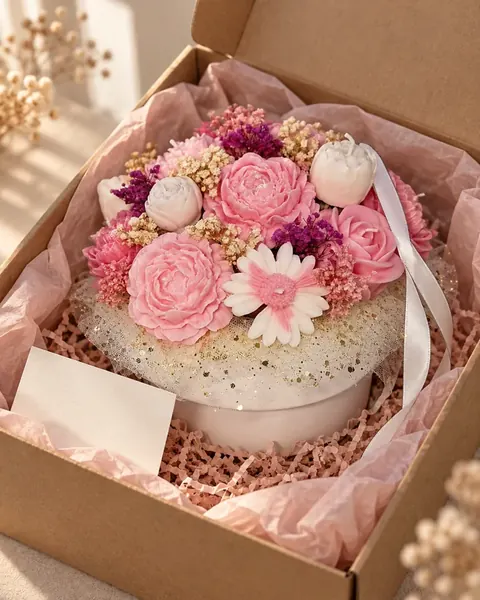 Ramo de velas aromáticas empaquetado en caja de envío con papel de seda