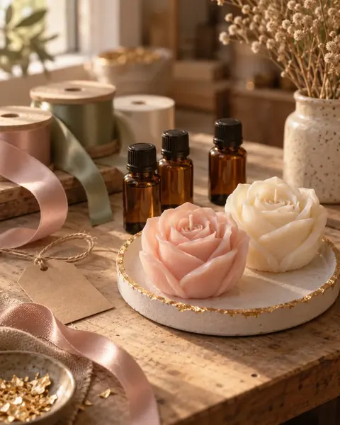 Cintas de raso, frascos de aroma y rosas de cera para personalizar el pedido